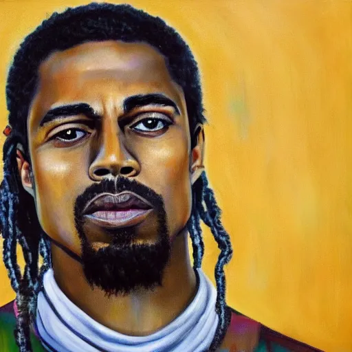 Prompt: a portait of a human being that looks like a mix of kanye west, brad pitt, michael jackson, and the grim reapper, in the style of oil on canvas