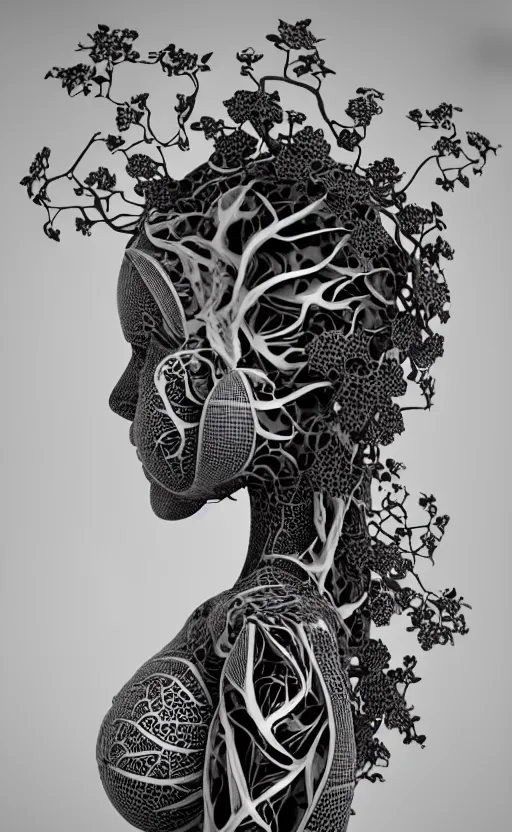 Prompt: a contrasted black and white 3D render of a beautiful female vegetal-dragon-cyborg, 150 mm, orchid stems, ivy, fine lace, Mandelbrot fractal, anatomical, flesh, facial muscles, microchip, veins, arteries, full frame, microscopic, elegant, highly detailed, flesh ornate, elegant, high fashion, rim light, octane render in the style of H.R. Giger and Man Ray