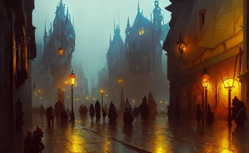 Prompt: a medieval city with rainy and moody cinematic lighting by darek zabrocki and greg ruthkowski, alphonse mucha, simon stalenhag and cinematic and blue cold atmospheric, concept art, artstation, trending on artstation