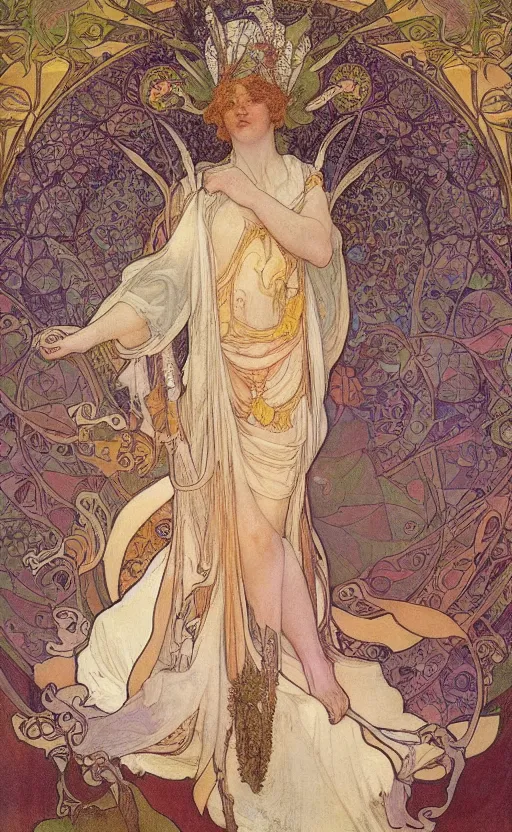 Image similar to the fool, tarot, beautiful border, by alfons maria mucha, highly detailded