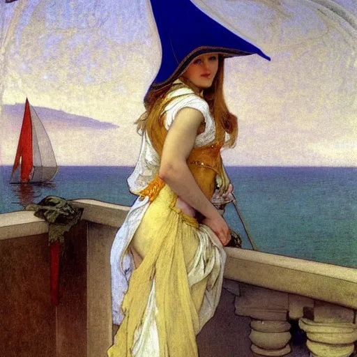 Image similar to A girl with jester hat and clothes on a greek archi circle on the front of a Balustrade with a beach and a sail boat on the background, major arcana clothes, by alphonse mucha and arnold böcklin arnold böcklin arnold böcklin, paul delaroche, hyperrealistic 8k, very detailed