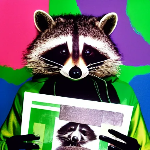 Image similar to medium shot, photo of a girl in a detailed hyperrealistic raccoon mask, wearing a green hoodie, holding a pile of vinyl records, 8 0 - s, polaroid photo, by warhol,