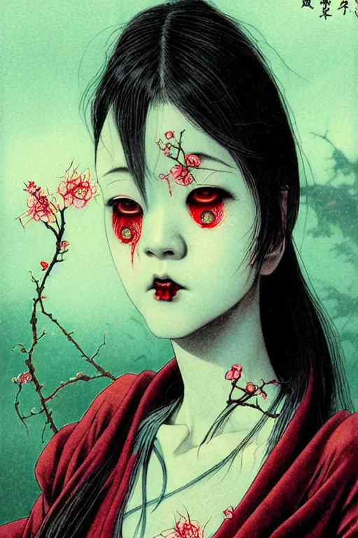 Image similar to japanese vampire girl, character portrait, portrait, close up, concept art, intricate details, highly detailed, eyes, yokai, blood, fangs, claws, cherry blossom, soft light, vintage sci - fi poster, in the style of chris foss, rodger dean, moebius, michael whelan, and gustave dore