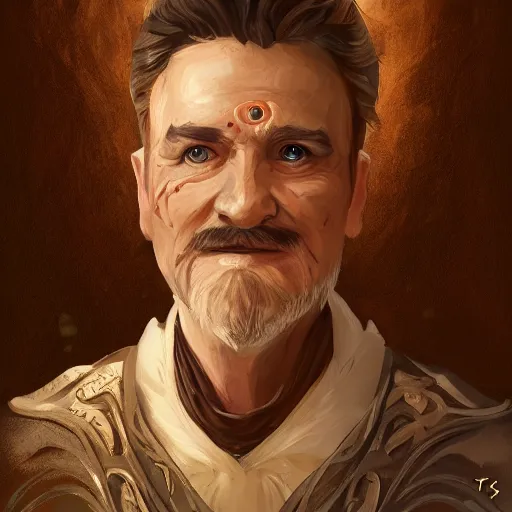 Prompt: Portrait of human bard named Lech Wałęsa, very beautiful, D&D, brown eyes, fantasy, intricate, elegant, highly detailed, digital painting, trending on artstation, concept art, smooth, sharp focus, RPG rulebook illustration, art by Tyler Jacobson