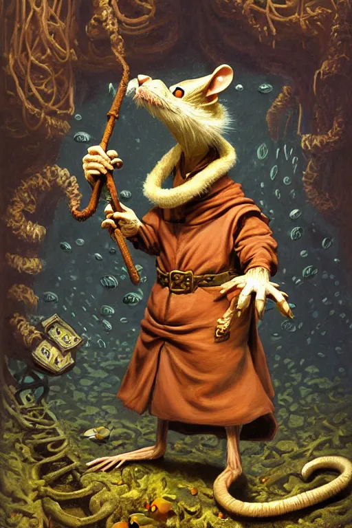 Prompt: classic oil painting, an anthropomorphic bipedal rat that is dressed as a medieval librarian, as a dnd character, standing under the sea, cottagecore, extremely detailed, digital illustration, concept art, sharp focus, art by paul bonner, and greg hildebrandt, and simon bisley