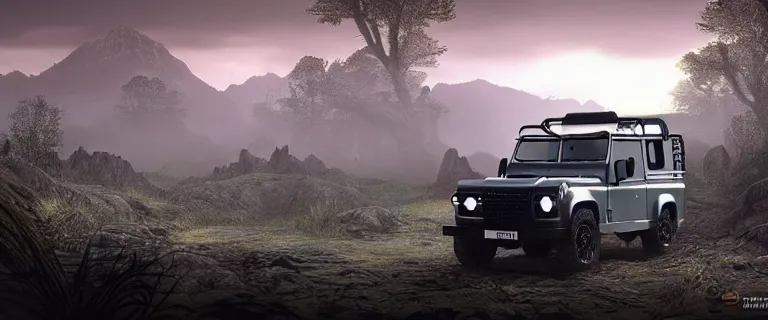 Image similar to Land Rover Defender 110 (1985), The Elder Scrolls III: Morrowind, an epic fantasy, dramatic lighting, cinematic, establishing shot, extremely high detail, photorealistic, cinematic lighting, artstation, by simon stalenhag, the Nerevarine drives across Morrowind, strange flora, strange fauna, Bull Netch floating around, Morrowind fauna prominent across the landscape