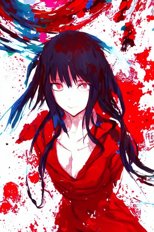 Prompt: maximalist splatter paint of a lady in red, portrait, gapmoe yandere grimdark, trending on pixiv fanbox, painted by makoto shinkai takashi takeuchi studio ghibli, akihiko yoshida