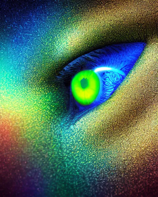 Image similar to a green eye with cobalt iris reflecting a sky full of stars, hyper realistic, fractal algorightmic art, art station, coherent design, symmetrical, vivid color, complementary color, golden ratio, detailed, sharp lines, intricate, rainbowshift, in unreal 3 d engine, nvidia optix, ray tracing, octane render