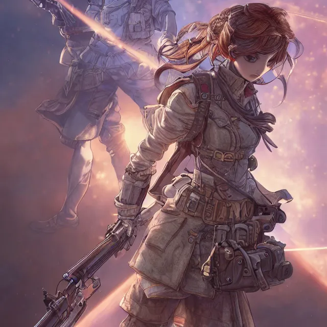 Image similar to the portrait of lawful neutral semi - colorful female infantry gunner as absurdly beautiful, gorgeous, elegant, young anime woman, an ultrafine hyperdetailed illustration by kim jung gi, irakli nadar, intricate linework, bright colors, octopath traveler, final fantasy, unreal engine 5 highly rendered, global illumination, radiant light, detailed and intricate environment