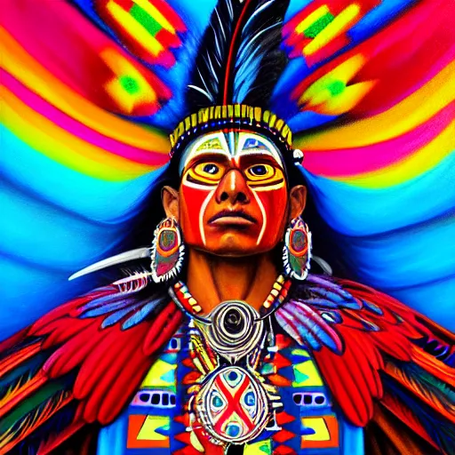 Prompt: stunning painting of aztec shaman with wings, colorful feather, lofty birds by concept art, masterpiece, hyperrealism, character design, ultra detailed, cinematic, sharp focus, medium lighting, 8 k hd resolution