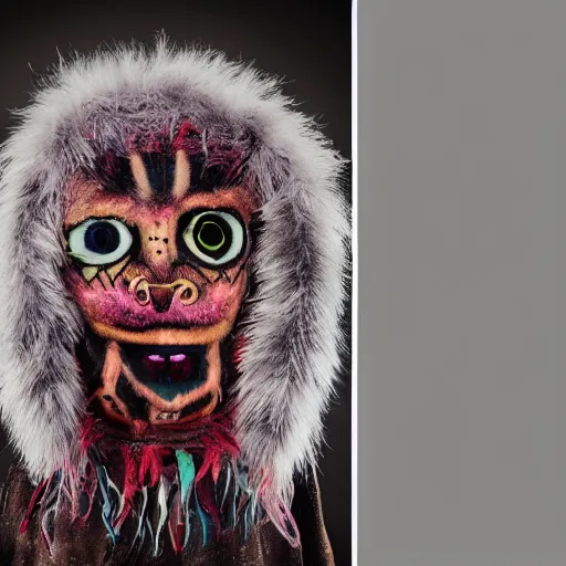 Prompt: a photography of a monstruous costum with big painted eyes and multiple layers of fabric and fur by charles freger