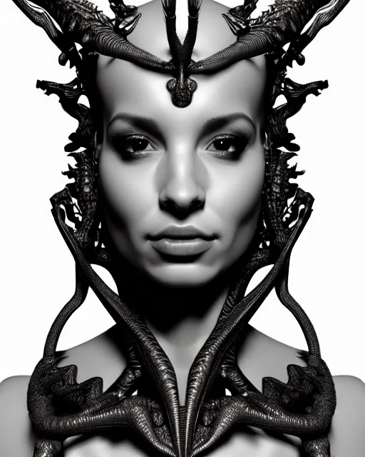 Image similar to a black and white 3D render of a young beautiful female queen-dragon-cyborg bust with a very long neck and Mandelbrot fractal face, flesh, anatomical, facial muscles, veins, arteries, elegant, highly detailed, flesh highly ornate, cable wires, elegant, high fashion, rim light, octane render, in the style of H.R. Giger, Realistic, Refined, Digital Art, Highly Detailed, Cinematic Lighting, rim light, black and white, photo-realistic, 8K