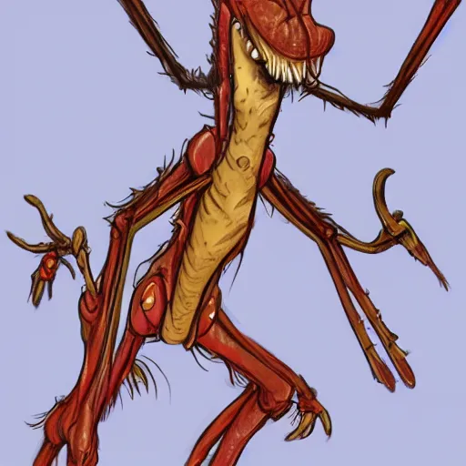 Image similar to antropromorphic stick insect, stick insect standing and talking like a human being, fantasy concept art, drawing by Don Bluth