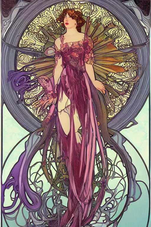 Image similar to tonemapped Angelic Succubus in the style of Ayami Kojima and Alphonse Mucha