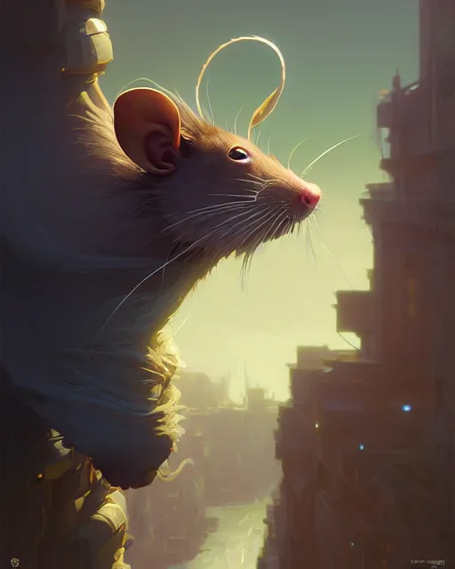 Image similar to highly detailed vfx portrait of a rat, unreal engine, greg rutkowski, loish, rhads, beeple, makoto shinkai and lois van baarle, ilya kuvshinov, rossdraws, tom bagshaw, alphonse mucha, global illumination, detailed and intricate environment