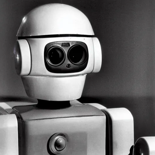 Prompt: robot with a crt television for a head, 1970 HQ photograph