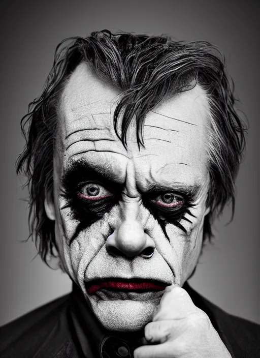 Image similar to photo of Mark Hamill as the Joker by Lee Jeffries and Eolo Perfido, bigsmile, detailed, award winning, Sony a7R