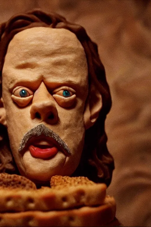 Image similar to film still of steve buscemi made out of bread in lord of the rings, 4 k