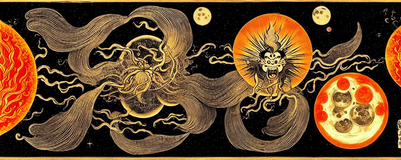 Image similar to a fiery yokai radiates a unique canto'as above so below'to the moon, while being ignited by the spirit of haeckel and robert fludd, breakthrough is iminent, glory be to the magic within, in honor of saturn, painted by ronny khalil