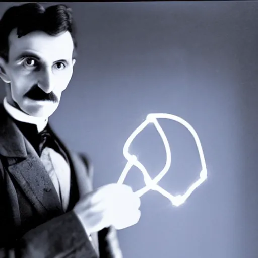 Image similar to Nikola Tesla trying to make electricity with a banana, ultra realistic, studio lighting