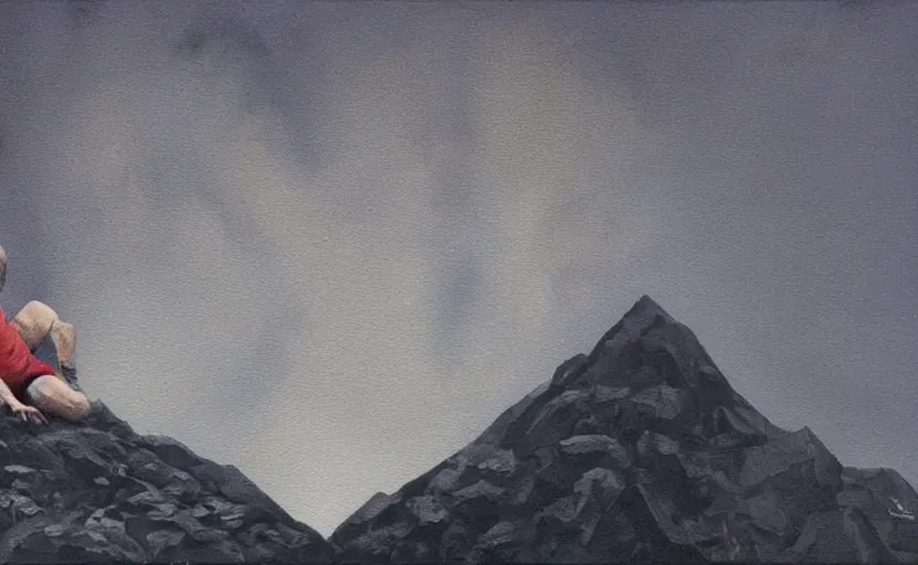 Image similar to Captain Kirk is climbing a mountain; why is he climbing a mountain? To hug the mountain To envelop...that mountain, abstract painting, subtle and emotional and physical