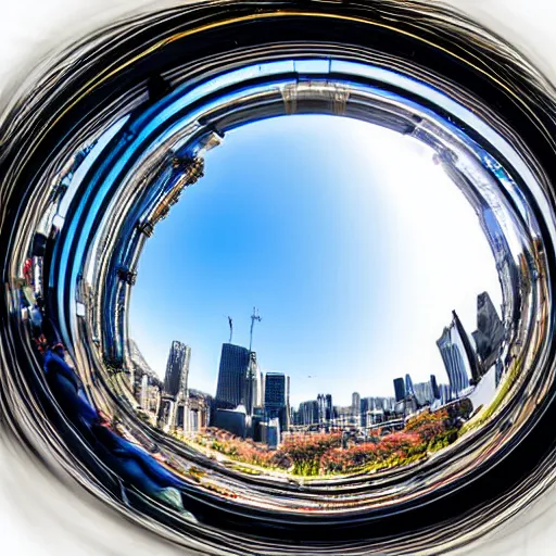 Image similar to widest fish eye lens extremely close viewing a wide eyed man in the city