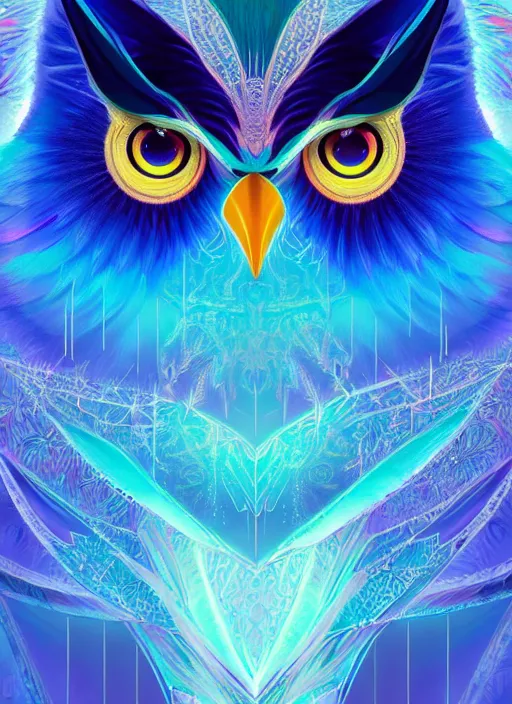 Image similar to symmetry!! product render poster vivid colors divine proportion owl, ice and snow, glowing fog intricate, elegant, highly detailed, digital painting, artstation, concept art, smooth, sharp focus, illustration,