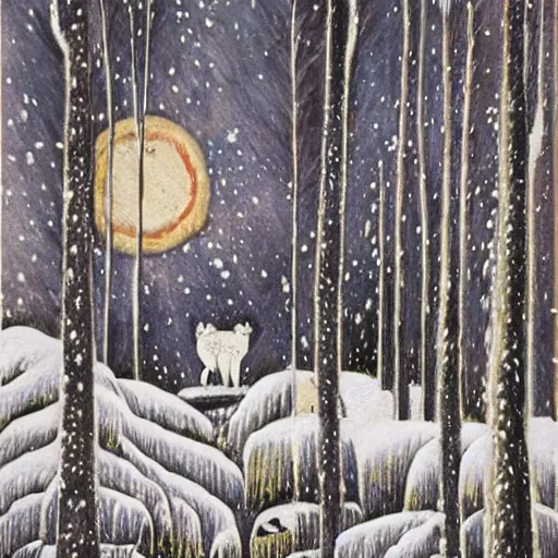 Image similar to haida art depiction of a winter forest with snow and wolves