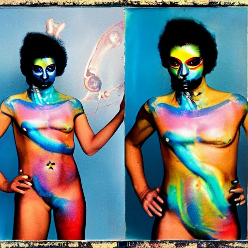 Image similar to iridescent bodypaint on a swashbuckling space pirate, photo by diane arbus