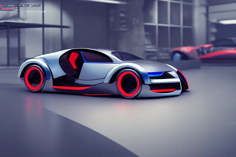 Image similar to cyberpunk bugatti concept inspired sports car, futuristic look, highly detailed body, very expensive, photorealistic camera shot, bright studio setting, studio lighting, crisp quality and light reflections, unreal engine 5 quality render