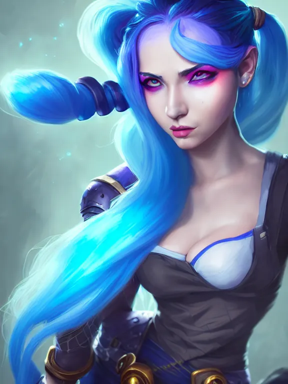 Image similar to a League of Legends FAN ART Portrait of JINX The Loose Cannon, blue hair, long pigtail, intricate, elegant, highly detailed, digital painting, concept art, smooth, sharp focus, illustration,artstation,deviantart,Unreal Engine,face enhance,8K,golden ratio,cinematic lighting