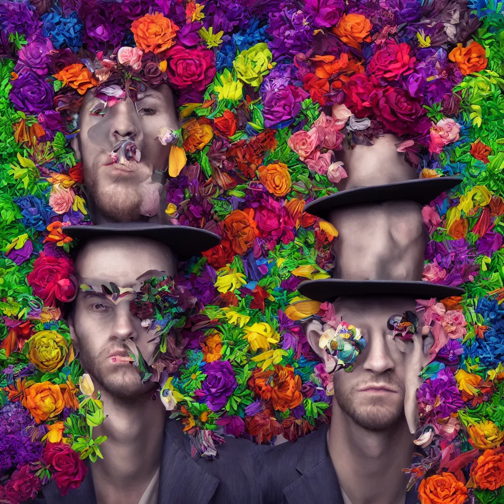 Prompt: a raytraced image album cover of a man with a strange hat on his head, behance contest winner, award winning, masterpiece, pop surrealism, made of flowers, surrealist