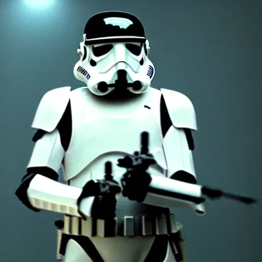 Image similar to mr. bean as a stormtrooper from star wars. movie still. cinematic lighting.