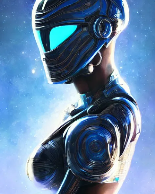 Image similar to Epic Poster of very very very very very very beautiful african woman, spacesuit, futuristic cybernetic helmet, blue eyes, real life skin, intricate, elegant, highly detailed, artstation, concept art, smooth, sharp focus, art by artgerm and greg rutkowski and alphonse mucha