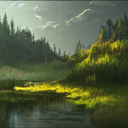 Image similar to concept art painting of a marsh swamp on top of a mountain above a forest valley, realistic, detailed, cel shaded, in the style of makoto shinkai and greg rutkowski and james gurney