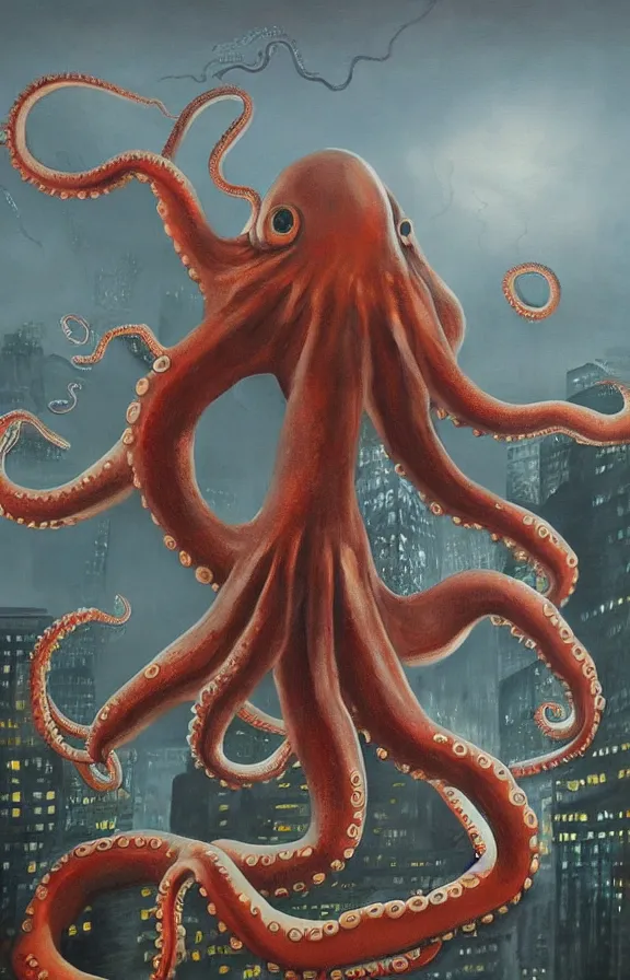 Image similar to a giant octopus monster moving through a foggy and dim city, extremely detailed!!! oil painting, dull palette