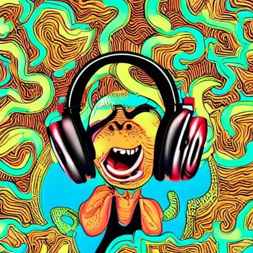 Image similar to artgerm, psychedelic laughing monkey, rocking out, headphones dj rave, digital artwork, r. crumb, svg vector