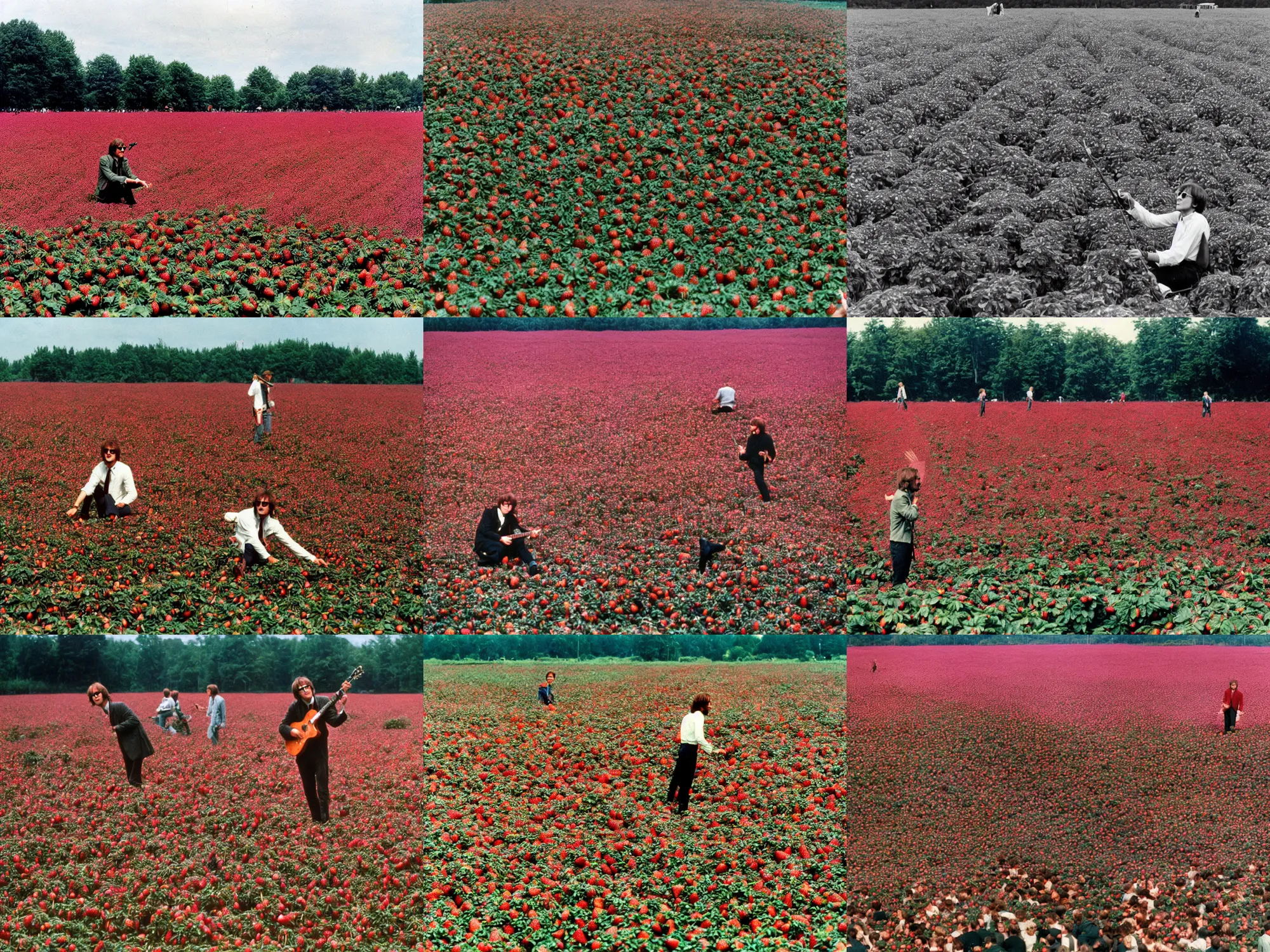 Prompt: john lennon playing strawberry fields forever in a strawberry field full of giant strawberries to a crowd of many heather locklears