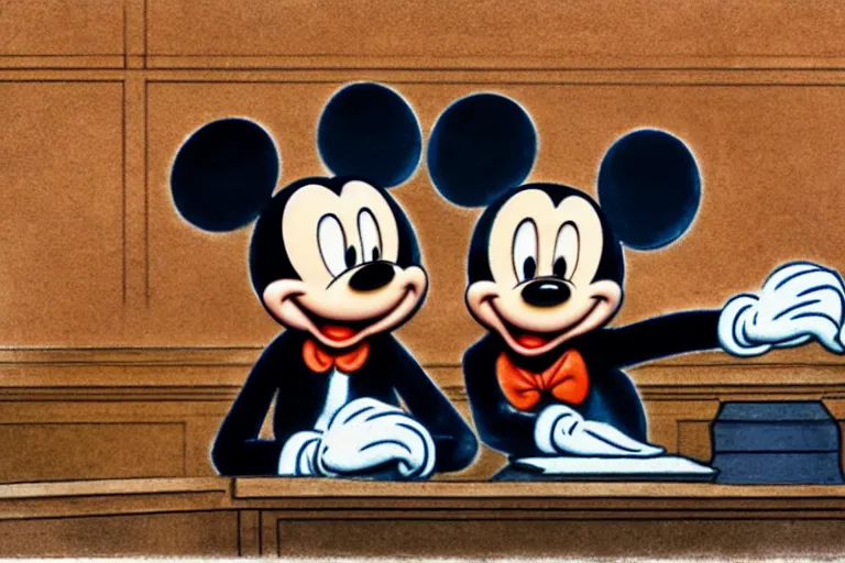 Image similar to detailed background courtroom sketch of vintage disney character mickey mouse presenting evidence of copyright infringement to the judge bench court room wooden serious dark tone