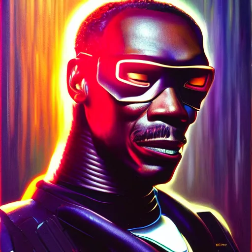 Prompt: a portrait of Cyberpunk Eddie Murphy is Beverly Hills Robocop, soft details, extremely detailed and coherent, matte painting oil on canvas in the style of artgem, 4k, 8k, HD, trending on artstation