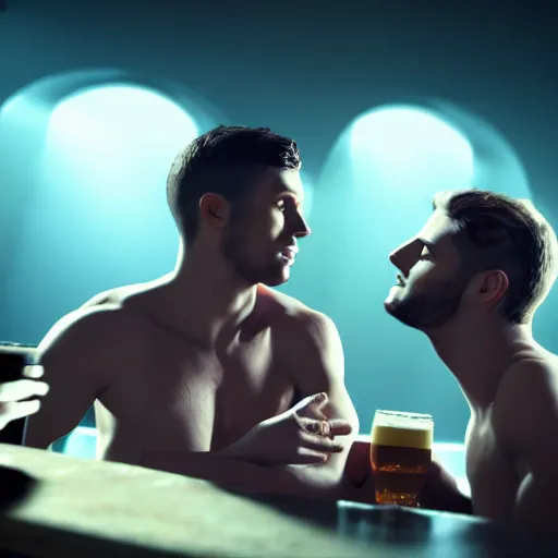 Image similar to cinematic scene with attractive male and another attractive male, no shirts, shorts, drinking their hearts out, in the pub, high definition, very detailed, volumetric lighting, still frame