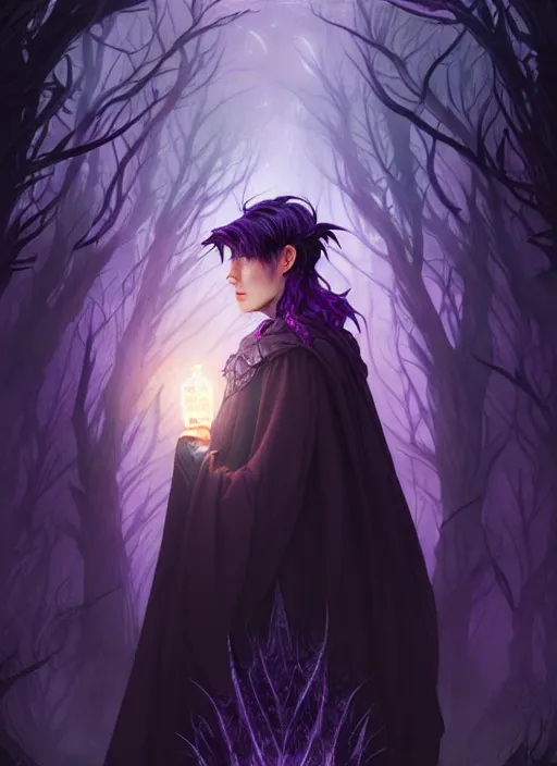 Image similar to background is moon many light effects, symmetrical centered portrait dark witch, large cloak, fantasy forest landscape, dragon scales, fantasy magic, undercut hairstyle, short purple black fade hair, dark light night, intricate, elegant, sharp focus, digital painting, concept art, matte, art by wlop and artgerm and greg rutkowski and alphonse mucha, masterpiece