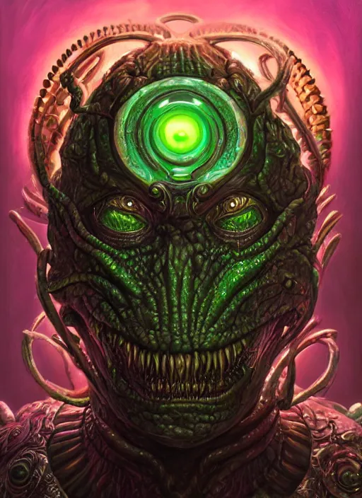 Image similar to dark lovecraft horror machine glowing reptile eyes, pink and green metal armor, elegant, highly detailed, centered, digital painting, artstation, concept art, smooth, sharp focus, illustration, artgerm, tomasz alen kopera, peter mohrbacher, donato giancola, joseph christian leyendecker, wlop, frank frazetta