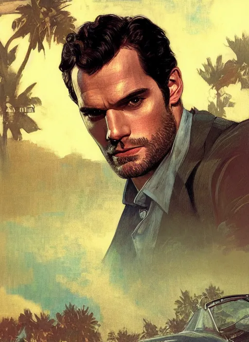 Image similar to portrait of henry cavill as james bond, key art, palm trees, vintage aston martin, highly detailed, digital painting, artstation, concept art, cinematic lighting, sharp focus, illustration, by gaston bussiere alphonse mucha