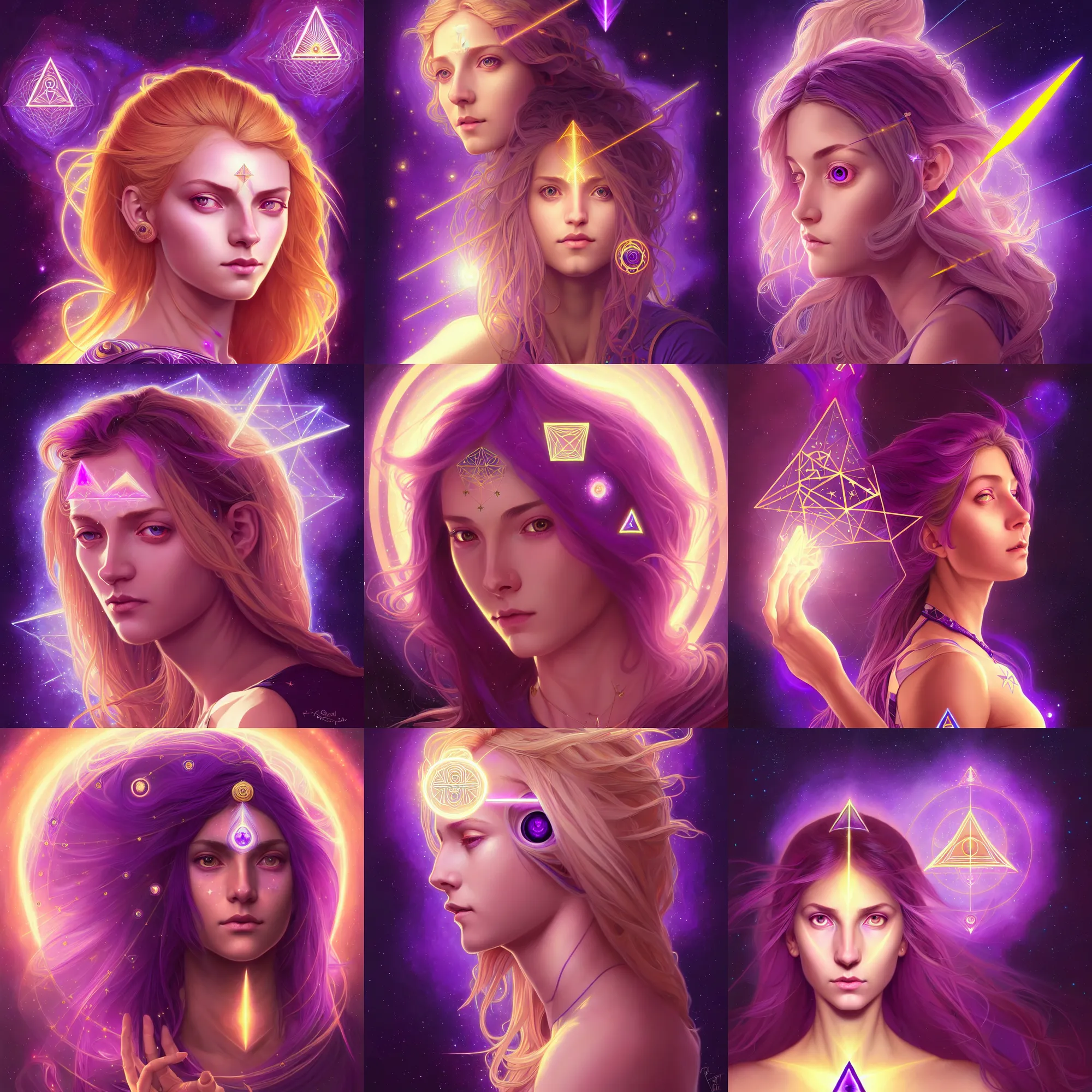 Prompt: portrait of a gallent girl with glowing purple third eye chakra and golden hair, geometric third eye triangle, sci - fi face, sacred geometry mandal background, breathtaking stars, elegant, highly detailed, digital painting, artstation, concept art, smooth, sharp focus, spiritual art, art by artgerm and greg rutkowski and alphonse mucha, acid pixie