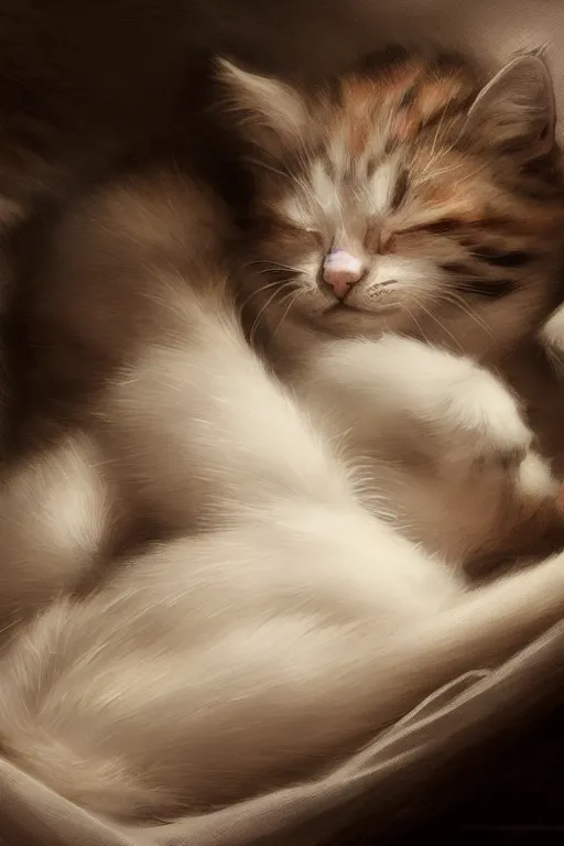 Image similar to A film still of kitten sleeping, highly detailed, digital painting, artstation, concept art, sharp focus, illustration, cinematic lighting, art by artgerm and greg rutkowski and alphonse mucha diffuse lighting, fantasy, intricate, elegant, highly detailed, lifelike, photorealistic, digital painting, artstation, illustration, concept art, smooth, sharp focus, art by John Collier and Albert Aublet and Krenz Cushart and Artem Demura and Alphonse Mucha