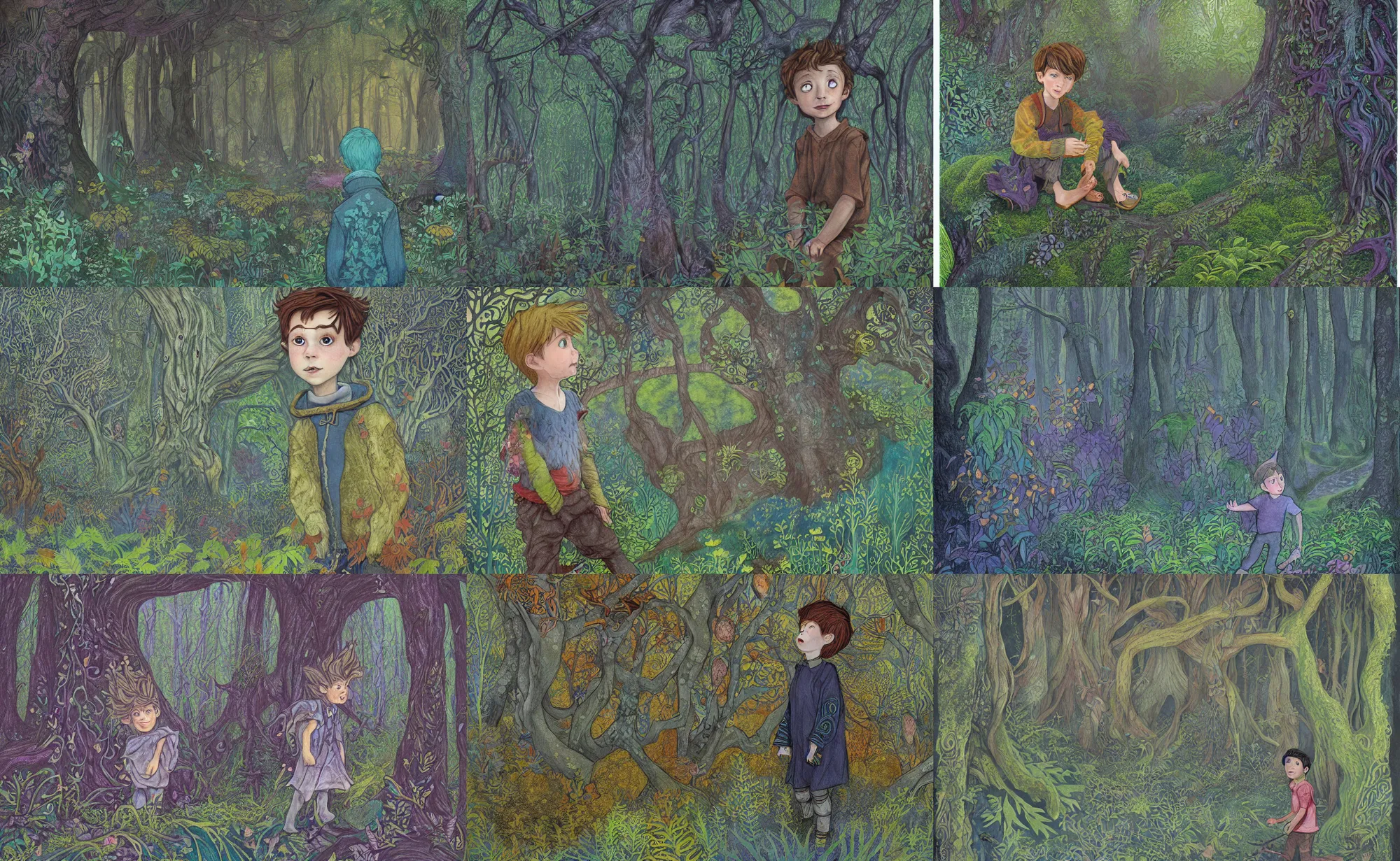 Prompt: children kids book illustration of boy in magical fantasy forest, by beatrice blue, by julia sarda, by loish, by szymon biernacki. dark guache, pastels. pencils. dark. complex pattern figurative ornamental. leafy mossy patterns. old textured patterns, orthoview