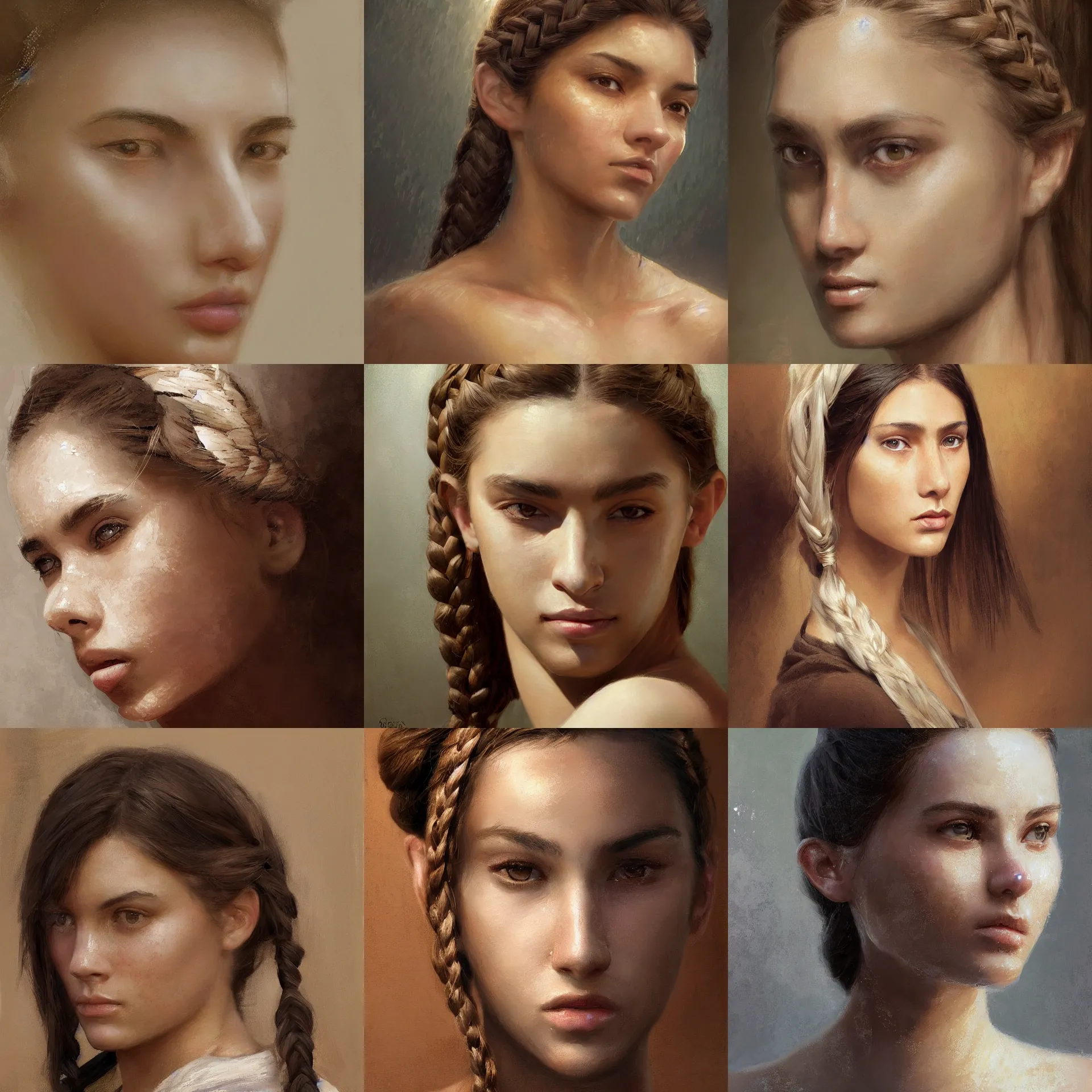 Prompt: digital art painting of a 2 0 years old white skin young latino woman, rectangular shaped face, braid hairstyle, small straight nose, strong defined jaw, brown eyes painted by craig mullins and gaston bussiere and greg rutkowski, symmetrical facial features, symmetrical face, defined facial features, dramatic lighting, close up