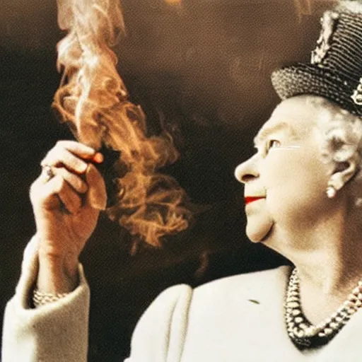 Image similar to queen elizabeth of england smoking a fat cigar like winston churchill