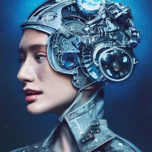 Prompt: 3 d, sci - fi, close - up, night, smiling fashion model face, sun, cinematic, clouds, sun rays, vogue cover style, poster art, blue mood, realistic painting, intricate oil painting, high detail illustration, figurative art, multiple exposure, poster art, 3 d, by tooth wu and wlop and beeple and greg rutkowski